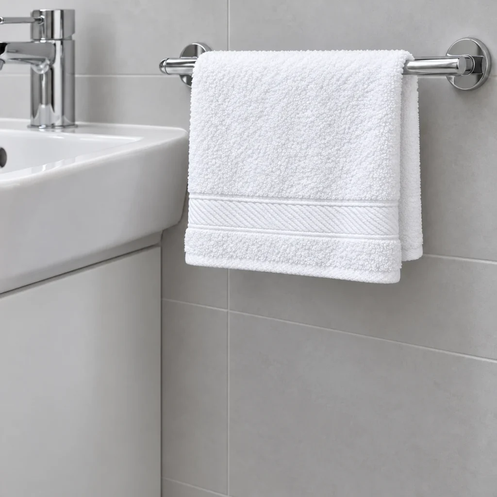 Một khăn cotton trắng trên thanh treo cạnh chậu rửa trong bối cảnh sinh hoạt