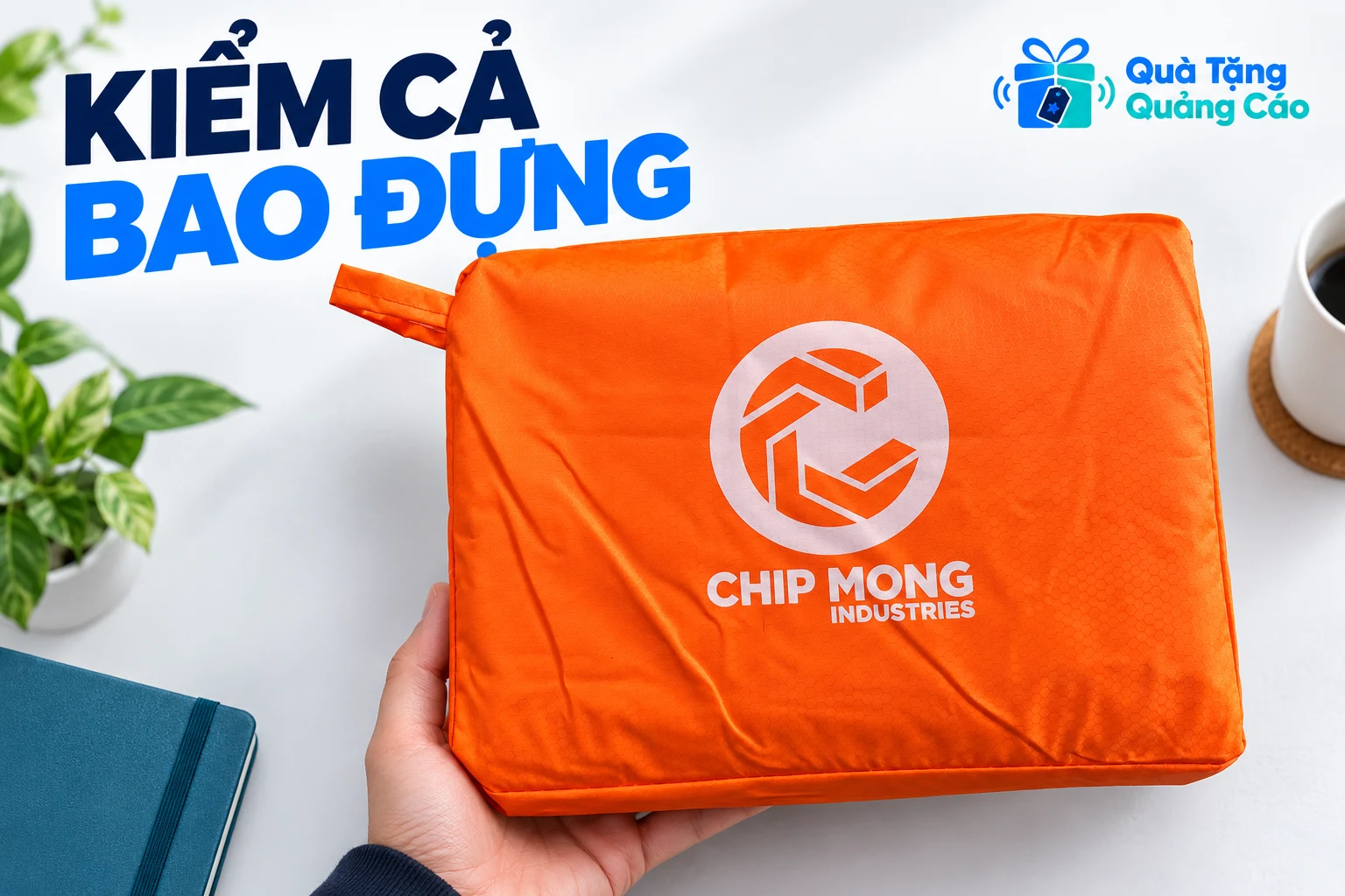 Tay cầm bao đựng áo mưa cam, mặt logo và quai vải nhỏ còn nhìn rõ