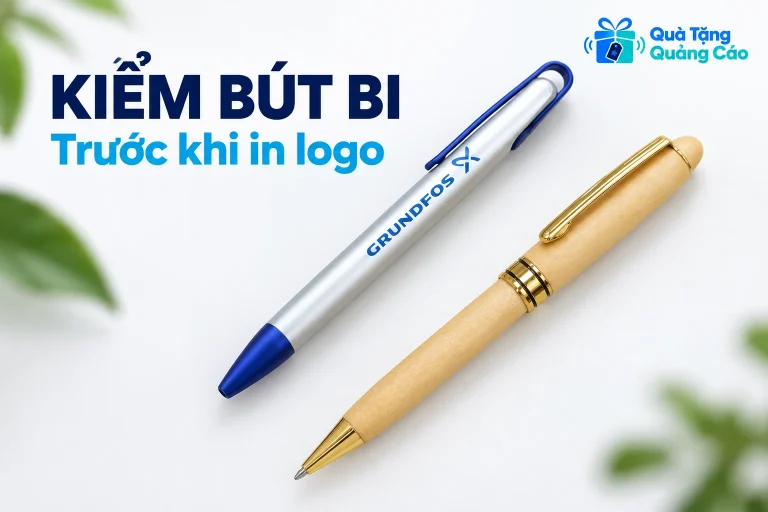 Bút màu gỗ và bút bạc viền xanh GRUNDFOS làm mẫu tham khảo trước khi in logo