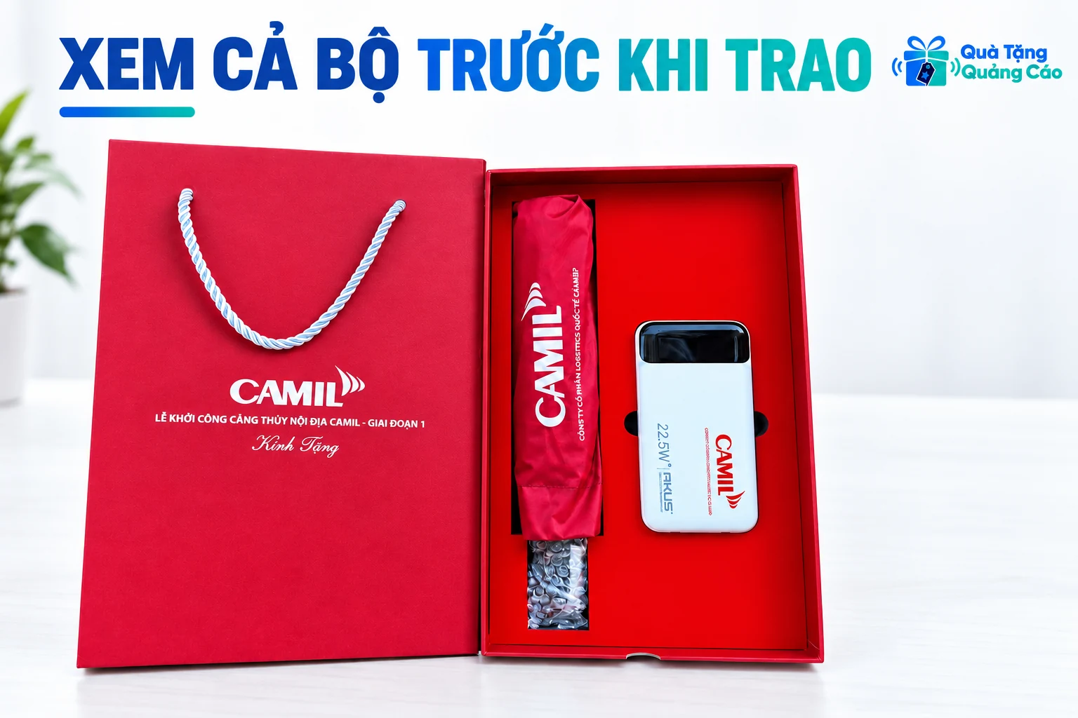 Bộ hộp đỏ CAMIL với phần quai cầm, ô trong bao và thiết bị trắng đen theo mẫu nguồn