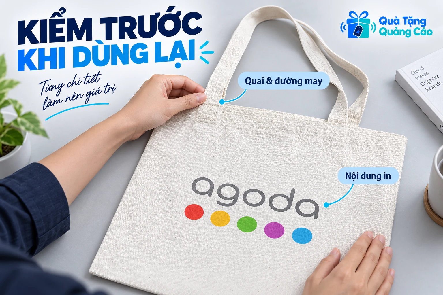 Kiểm quai, đường may và phần in trên túi còn lại