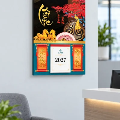 Lịch Tài Lộc 2027 treo trên tường sáng tại góc tiếp khách