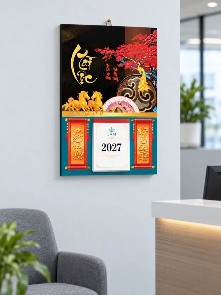 Lịch Tài Lộc 2027 treo trên tường sáng tại góc tiếp khách