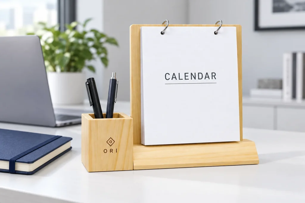 Lịch đế gỗ có ống bút đặt cạnh sổ trên bàn làm việc sáng