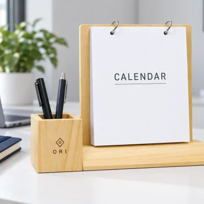 Lịch đế gỗ có ống bút đặt cạnh sổ trên bàn làm việc sáng