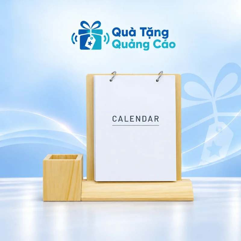 Lịch để bàn đế gỗ kèm ống bút in logo