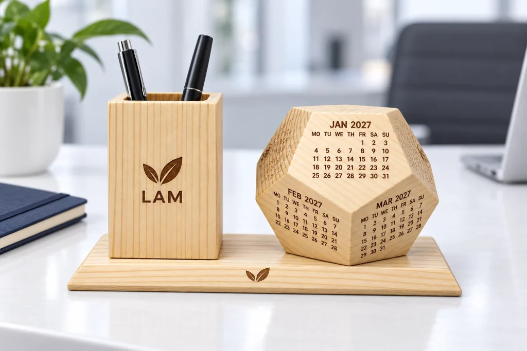 Lịch gỗ 12 mặt và ống bút cạnh sổ ghi chép