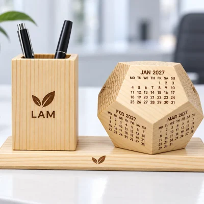 Lịch gỗ 12 mặt và ống bút cạnh sổ ghi chép