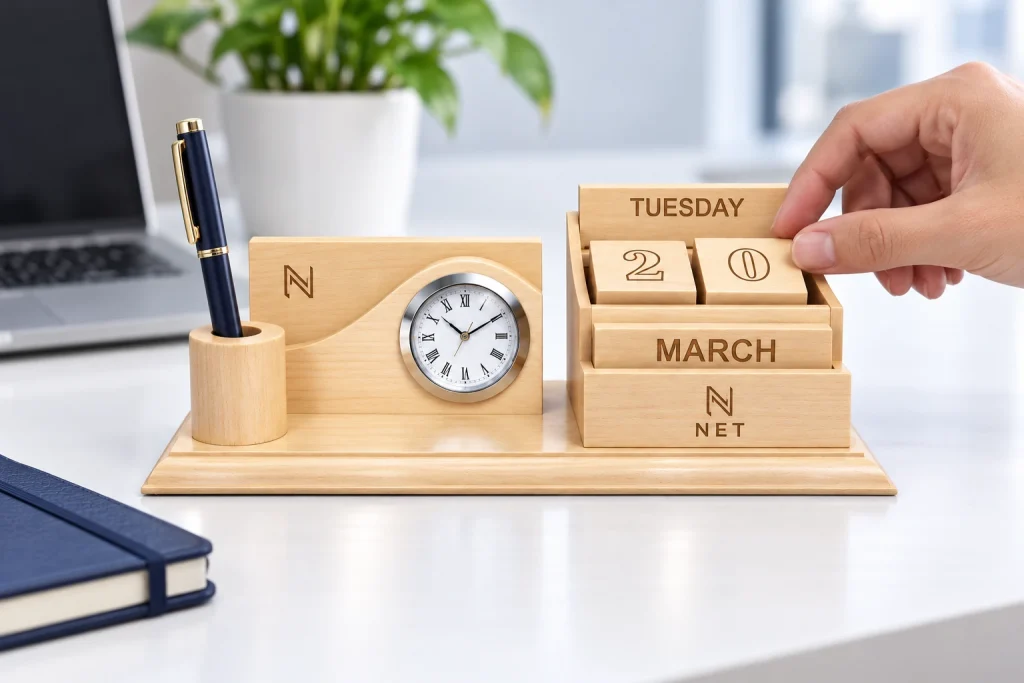 Lịch khối số và đồng hồ cạnh sổ ghi chép trên bàn