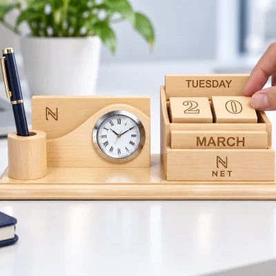 Lịch khối số và đồng hồ cạnh sổ ghi chép trên bàn