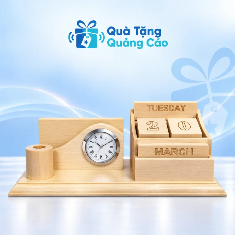 Lịch gỗ khối số kèm đồng hồ để bàn in logo