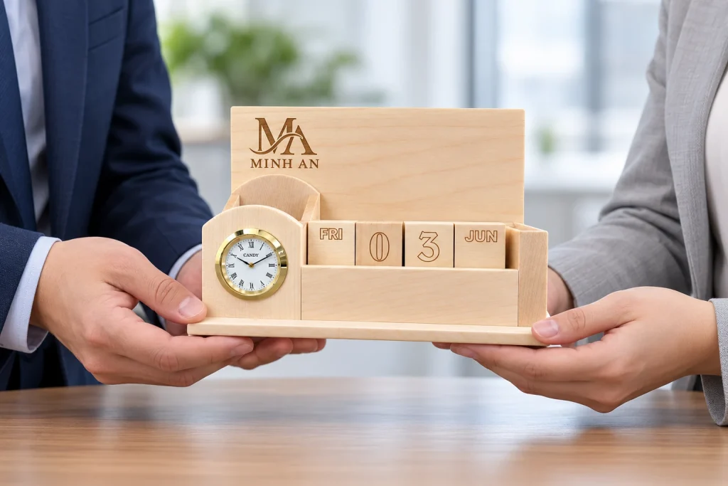 Minh họa trao lịch gỗ L02 khắc MINH AN