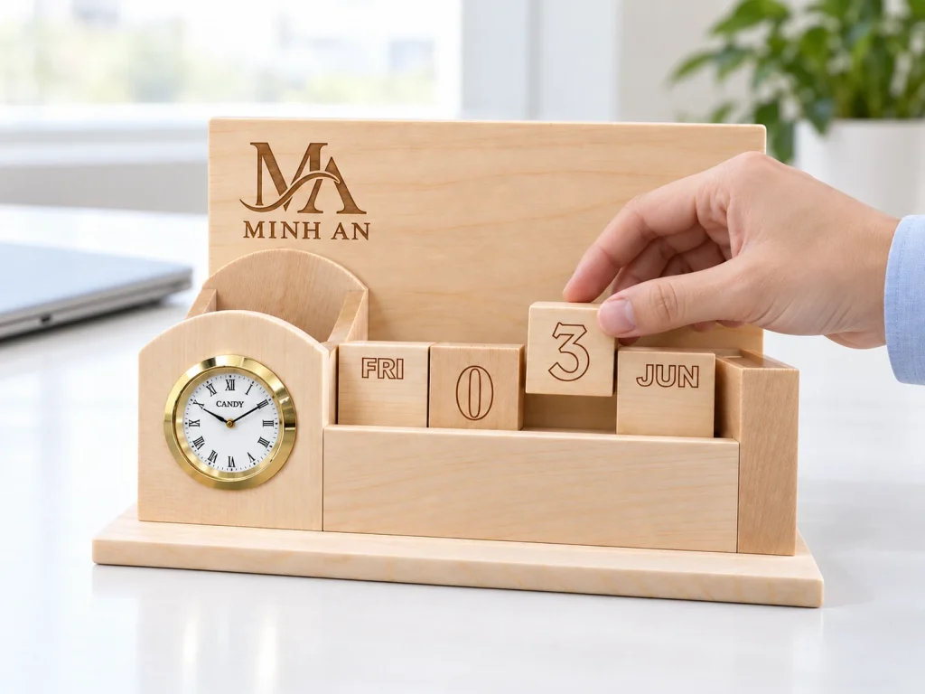 Minh họa chỉnh khối ngày trên lịch gỗ L02 tại bàn làm việc