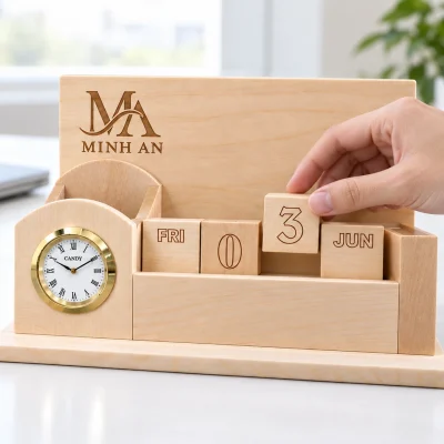 Minh họa chỉnh khối ngày trên lịch gỗ L02 tại bàn làm việc