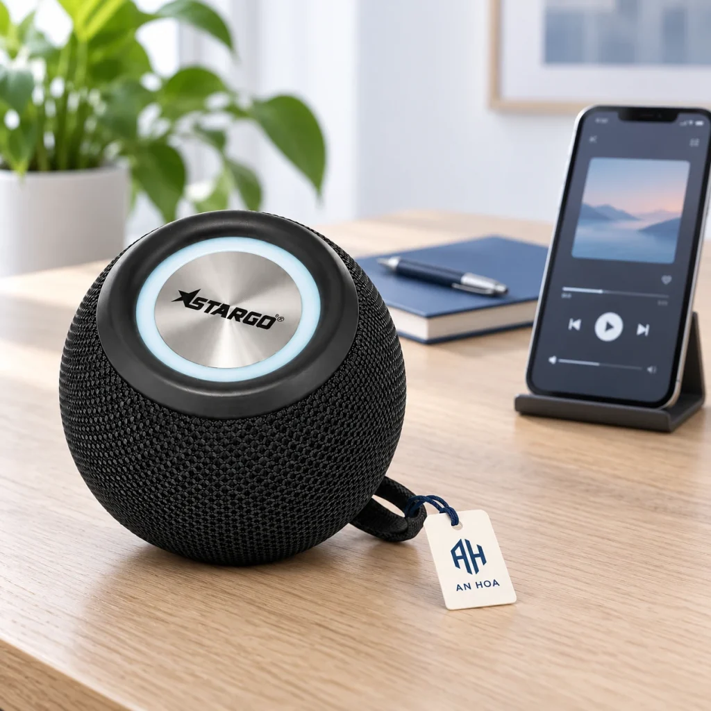 Minh họa Boom Lite đen cùng thẻ AN HOA cạnh điện thoại và sổ trên bàn