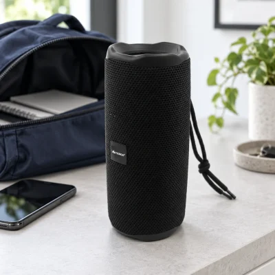 Minh họa FlexGo đen cạnh balo và điện thoại ở góc chuẩn bị đồ