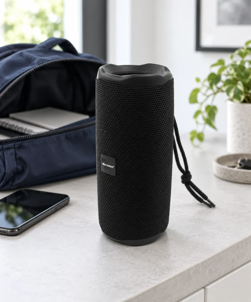 Minh họa FlexGo đen cạnh balo và điện thoại ở góc chuẩn bị đồ