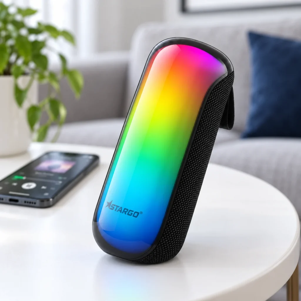 Minh họa Pulse X đen với mặt đèn RGB cạnh điện thoại trong góc giải trí