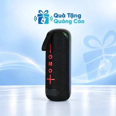 Loa StarGO Pulse X đen với phím đỏ và dây treo trên nền xanh nhạt