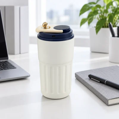 Minh họa ly BGN15 nắp xanh trên bàn bên sổ và bút
