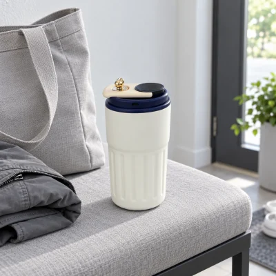 Minh họa ly BGN15 nắp xanh bên túi và áo khi chuẩn bị ra ngoài