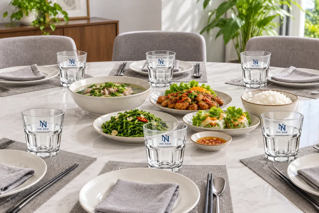 Minh họa bộ sáu ly M257 trên bàn ăn gia đình