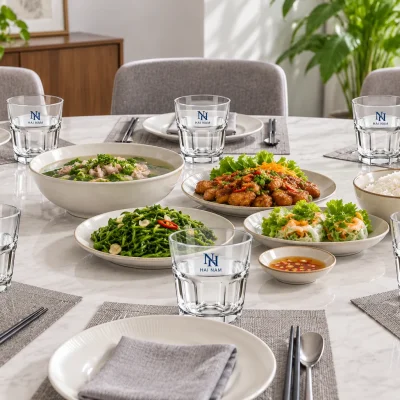 Minh họa bộ sáu ly M257 trên bàn ăn gia đình