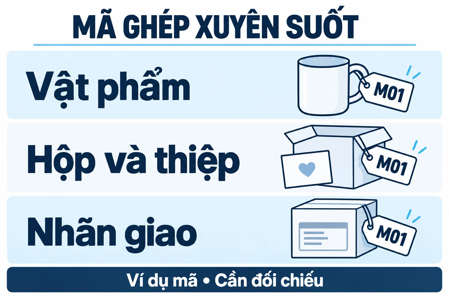 Mã ví dụ M01 đi cùng vật phẩm, hộp và thiệp, nhãn giao