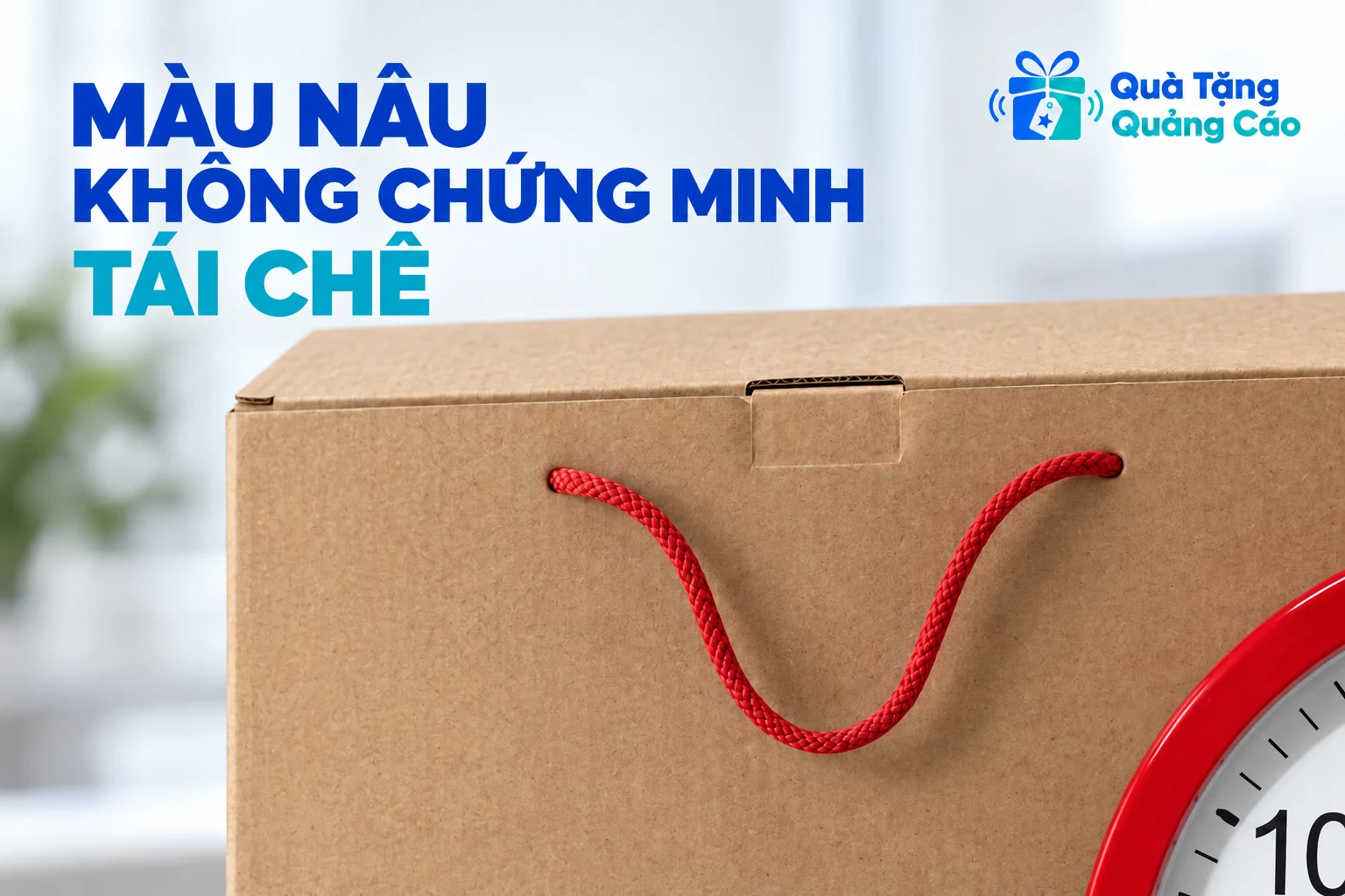 Cận hộp giấy nâu có quai đỏ và một phần viền đồng hồ nguồn để minh họa giới hạn suy đoán từ màu