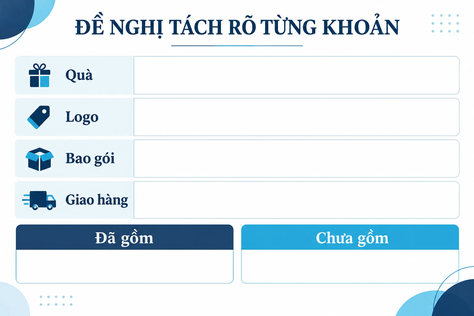 Mẫu trống các khoản quà, logo, bao gói, giao hàng và phần đã gồm, chưa gồm