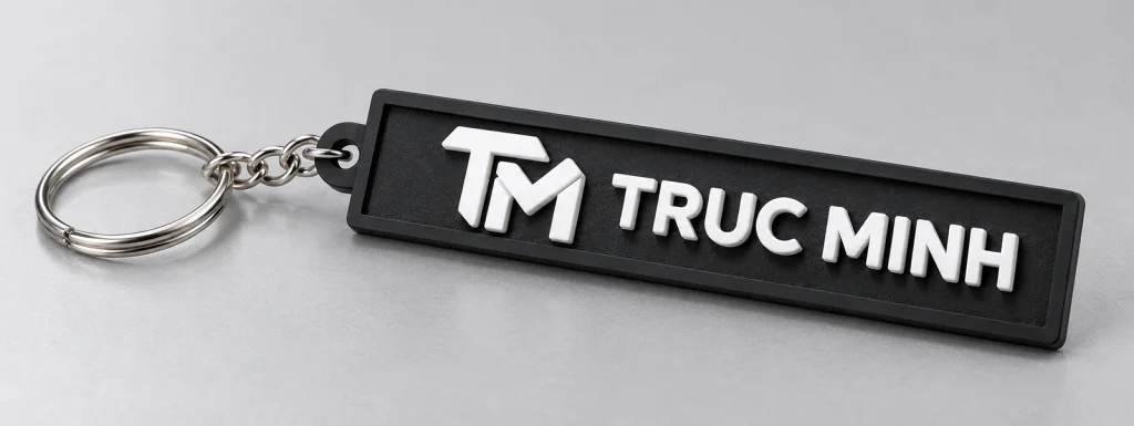 Cận cảnh biểu tượng TM và chữ TRUC MINH nổi trắng trên nền cao su đen có viền chữ nhật