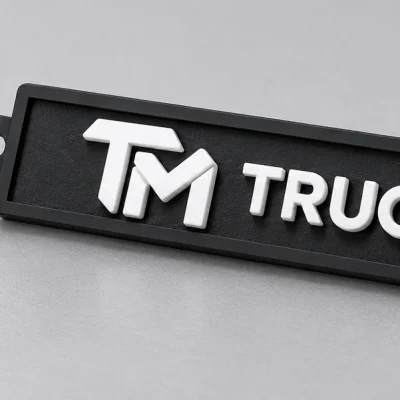 Cận cảnh biểu tượng TM và chữ TRUC MINH nổi trắng trên nền cao su đen có viền chữ nhật