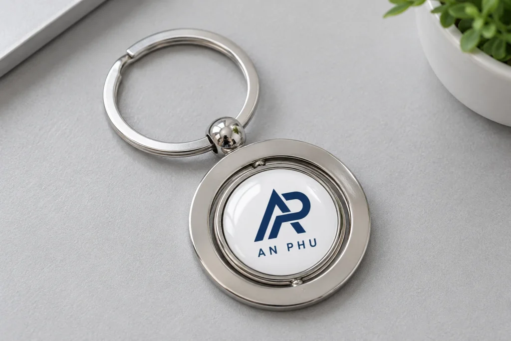 Mô phỏng logo AP AN PHU phủ bóng trên móc khóa tròn