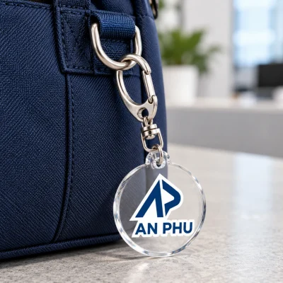Minh họa móc khóa mica gắn vào vòng phụ kiện của túi