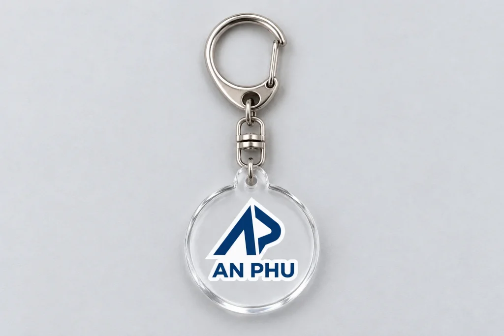 Minh họa toàn dáng móc khóa mica tròn AN PHU khoen móc khỉ