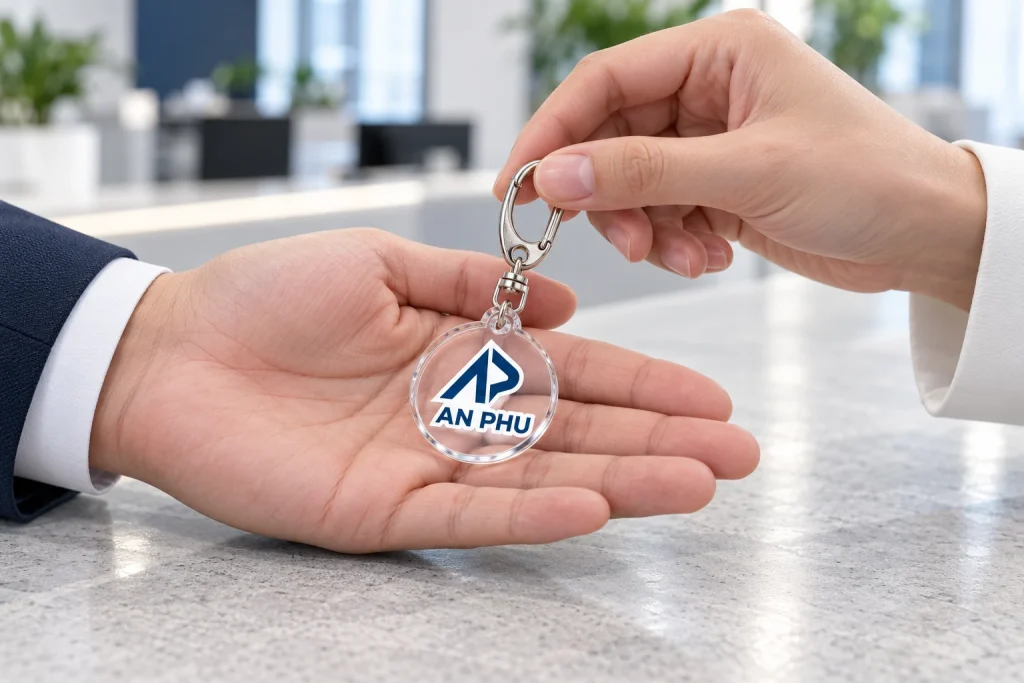 Minh họa trao móc khóa mica AN PHU tại sự kiện