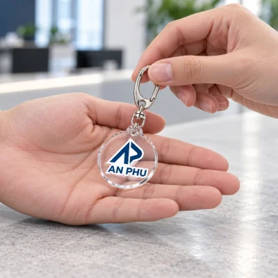 Minh họa trao móc khóa mica AN PHU tại sự kiện