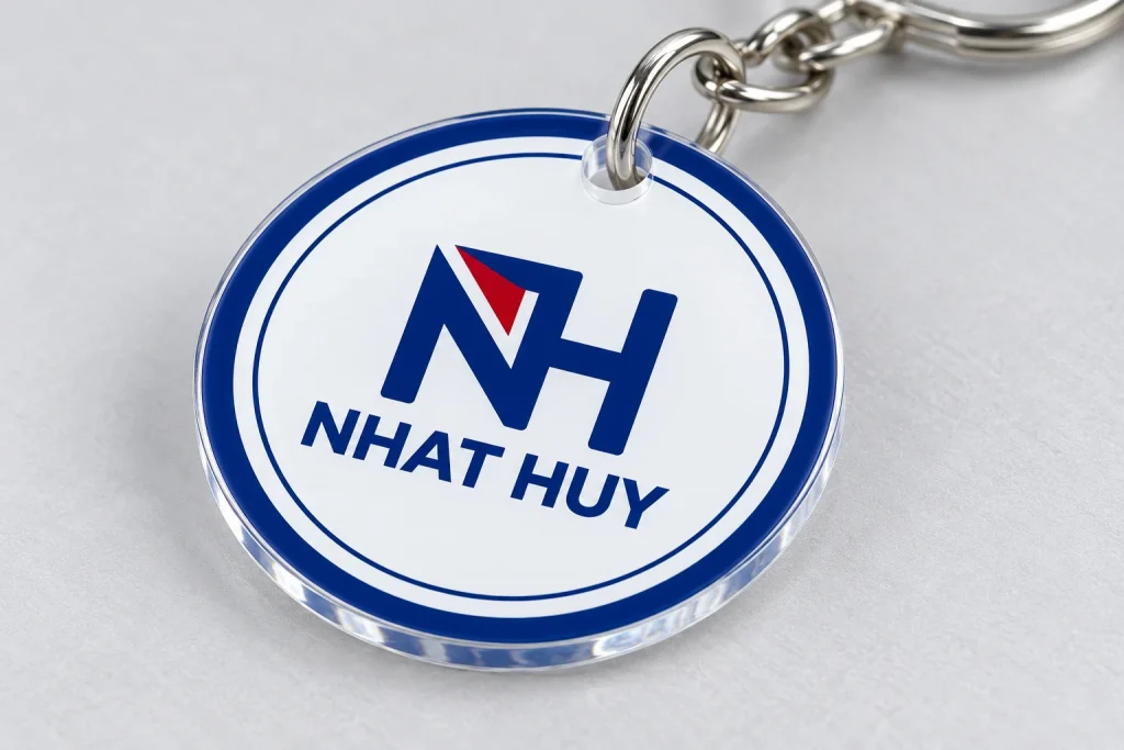 Cận cảnh mặt mica hình tròn có nhận diện NH NHAT HUY và viền trong quanh mép cắt