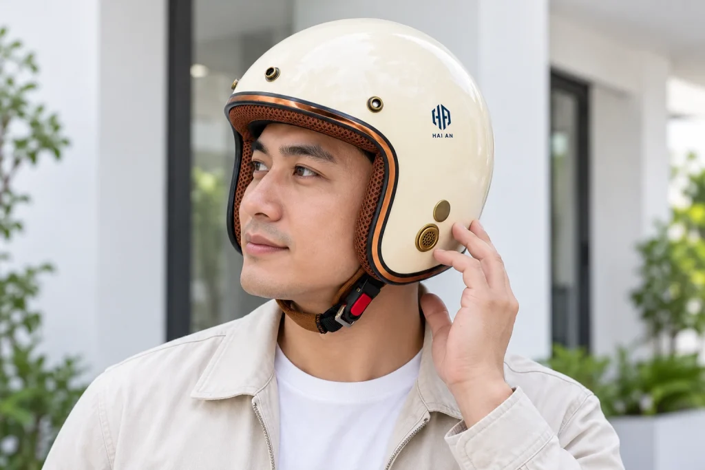 Minh họa đội thử mũ 3/4 kem viền đồng khi đứng yên