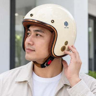 Minh họa đội thử mũ 3/4 kem viền đồng khi đứng yên