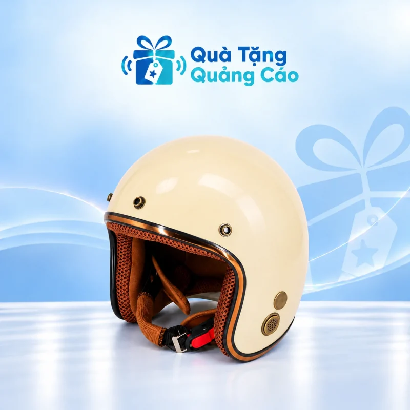 Mũ bảo hiểm 3/4 màu kem viền đồng không kính in logo