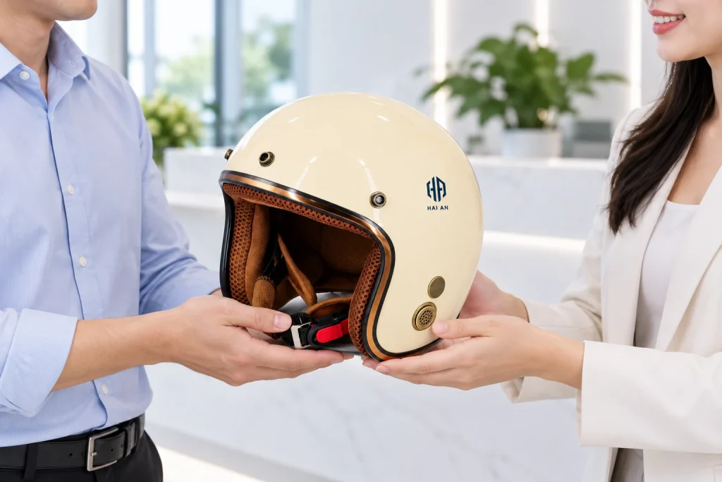 Minh họa trao mũ 3/4 kem viền đồng làm quà