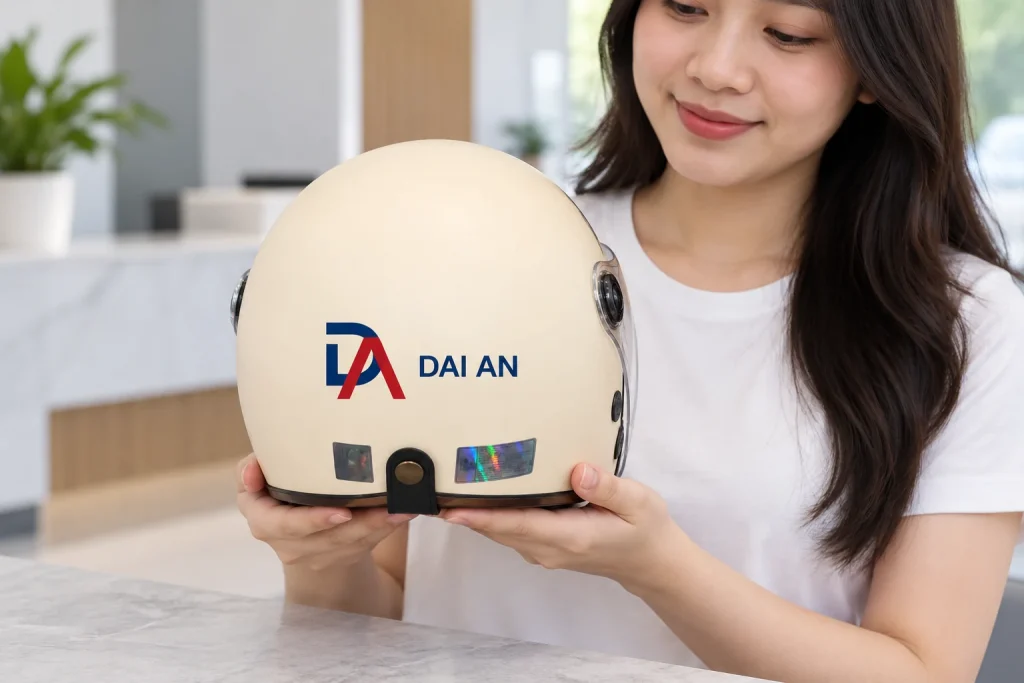 Minh họa nhận diện DA DAI AN màu đỏ và xanh trên mặt sau mũ bảo hiểm màu kem