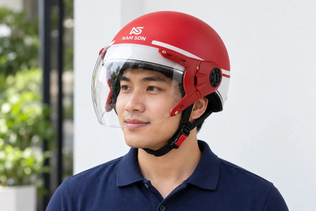 Minh họa người đội mũ bảo hiểm nửa đầu đỏ trắng có nhận diện NS NAM SON phía trước