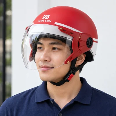 Minh họa người đội mũ bảo hiểm nửa đầu đỏ trắng có nhận diện NS NAM SON phía trước