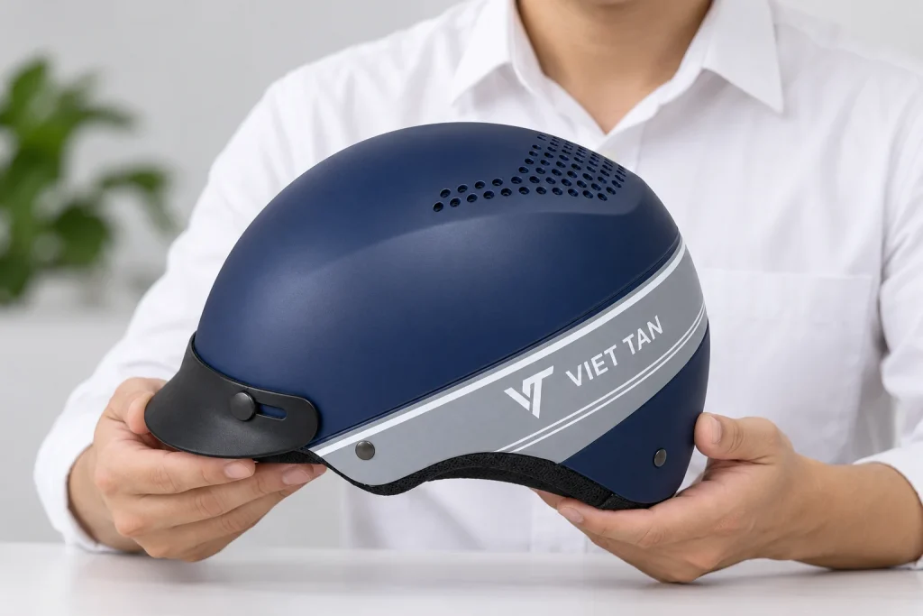 Minh họa mũ xanh navy mang nhận diện VT VIET TAN ở vùng phối màu xám