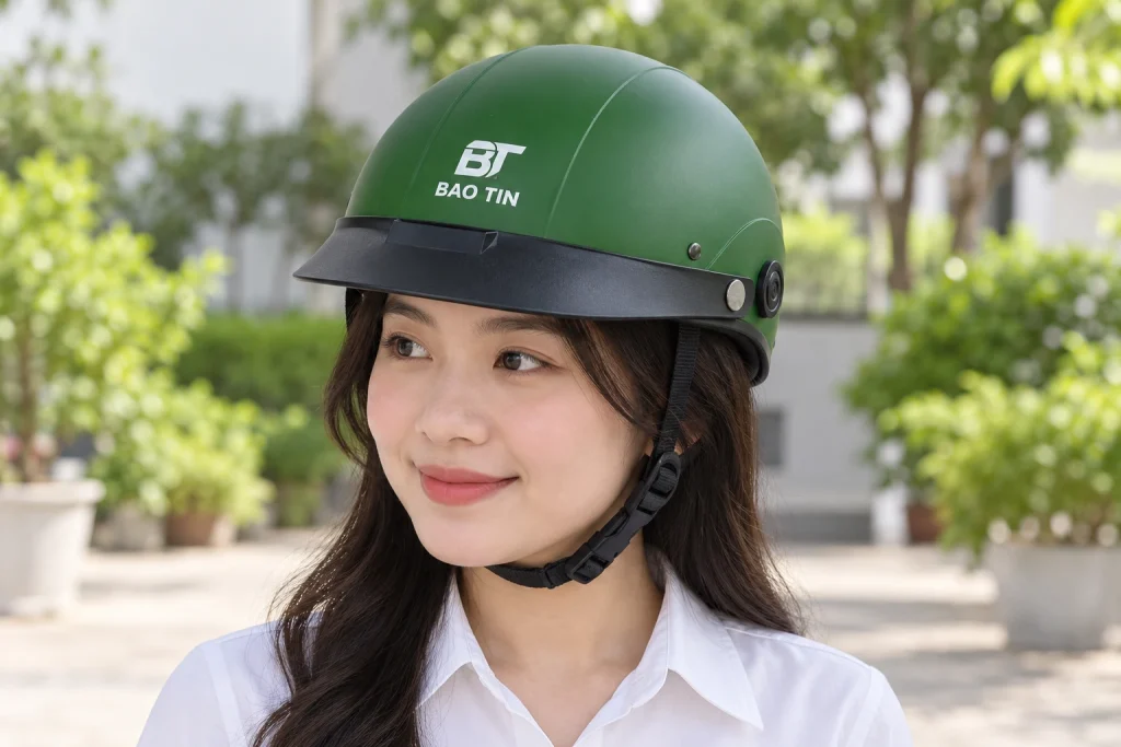 Minh họa người đội mũ Hali xanh lá in nhận diện BT BAO TIN màu trắng