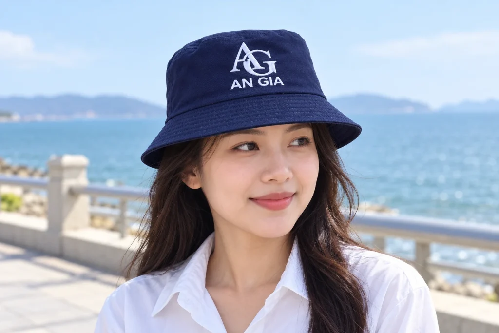 Minh họa người đội mũ bucket xanh navy thêu nhận diện AG AN GIA màu trắng
