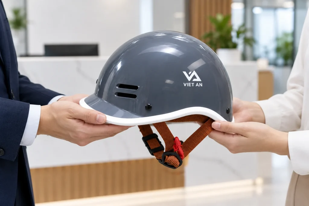Minh họa trao mũ cá heo xám viền trắng in logo VIET AN