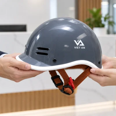 Minh họa trao mũ cá heo xám viền trắng in logo VIET AN